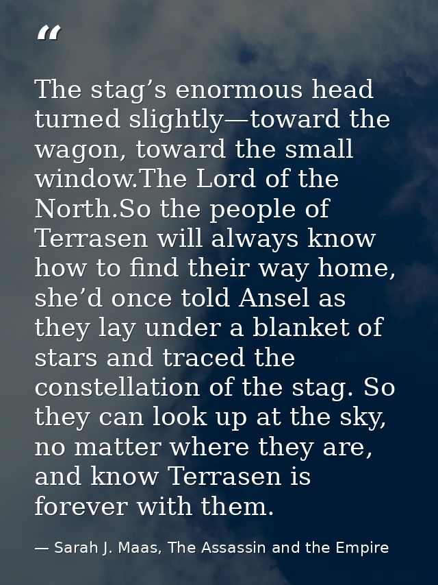 The stag’s enormous head turned slightly—toward the wagon, toward the small window.The Lord of the North.So the people o — Sarah J. Maas, The Assassin and the Empire
