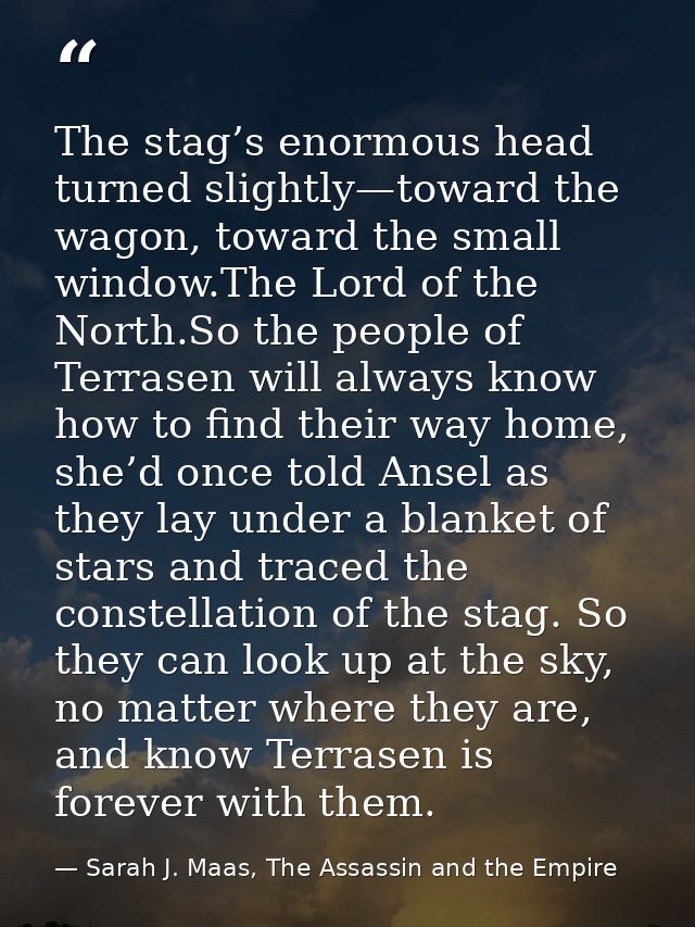 The stag’s enormous head turned slightly—toward the wagon, toward the small window.The Lord of the North.So the people o — Sarah J. Maas, The Assassin and the Empire