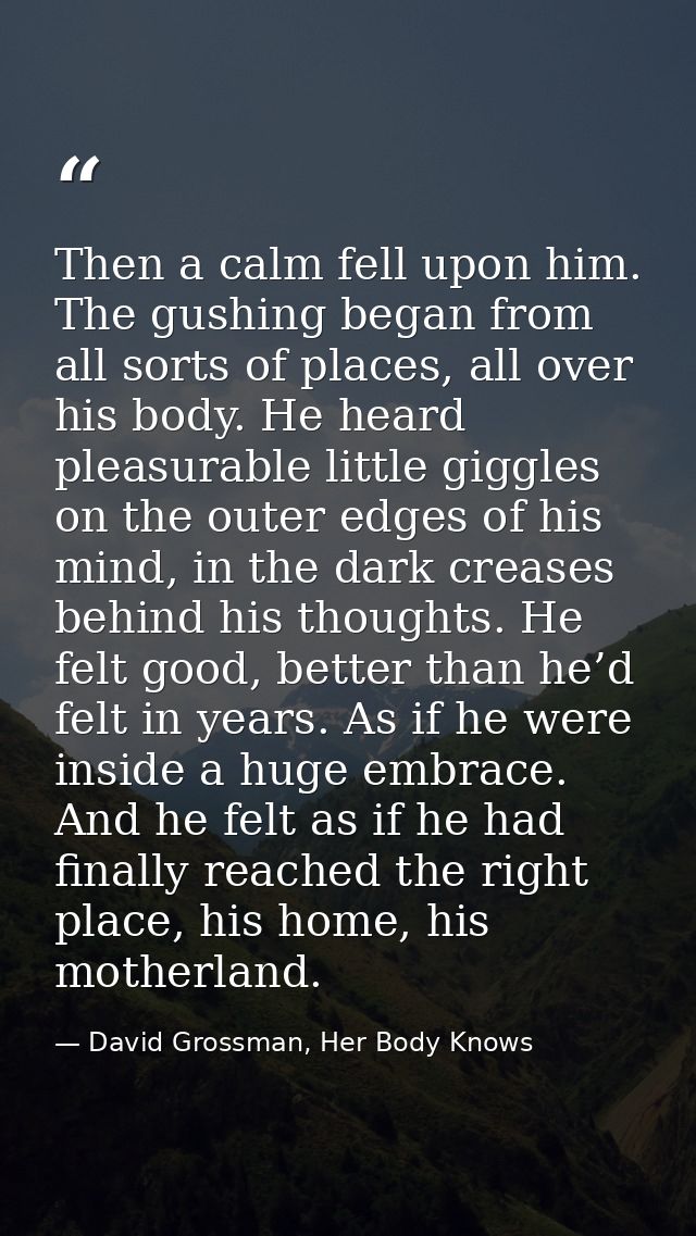 Then a calm fell upon him. The gushing began from all sorts of places, all over his body. He heard pleasurable little gi — David Grossman, Her Body Knows