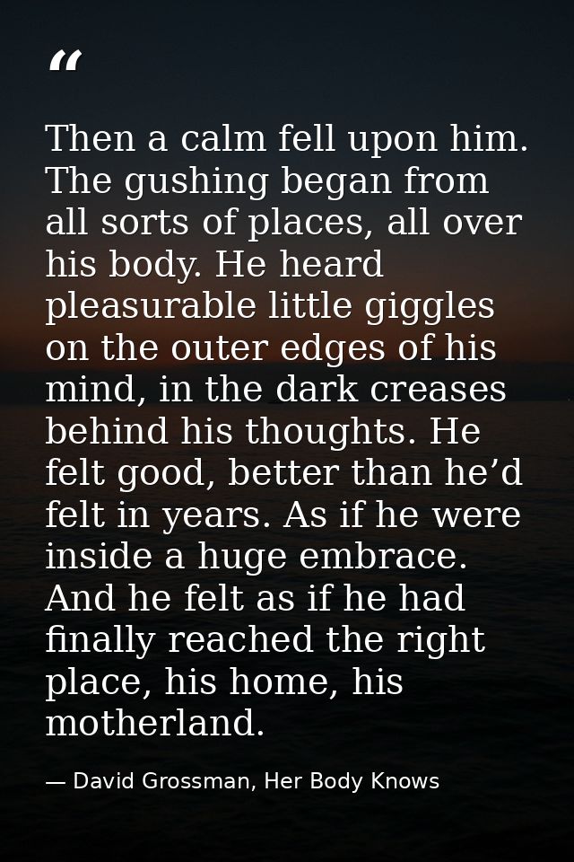 Then a calm fell upon him. The gushing began from all sorts of places, all over his body. He heard pleasurable little gi — David Grossman, Her Body Knows