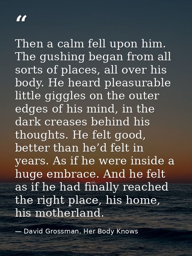 Then a calm fell upon him. The gushing began from all sorts of places, all over his body. He heard pleasurable little gi — David Grossman, Her Body Knows