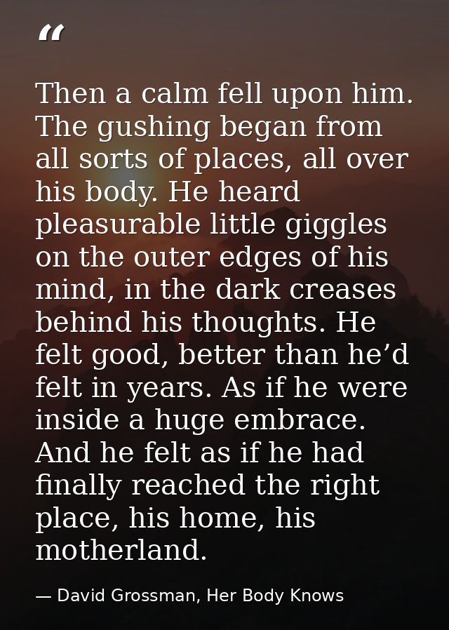 Then a calm fell upon him. The gushing began from all sorts of places, all over his body. He heard pleasurable little gi — David Grossman, Her Body Knows