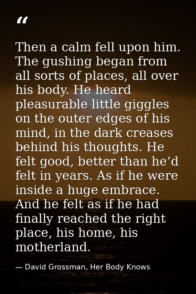 Then a calm fell upon him. The gushing began from all sorts of places, all over his body. He heard pleasurable little gi — David Grossman, Her Body Knows