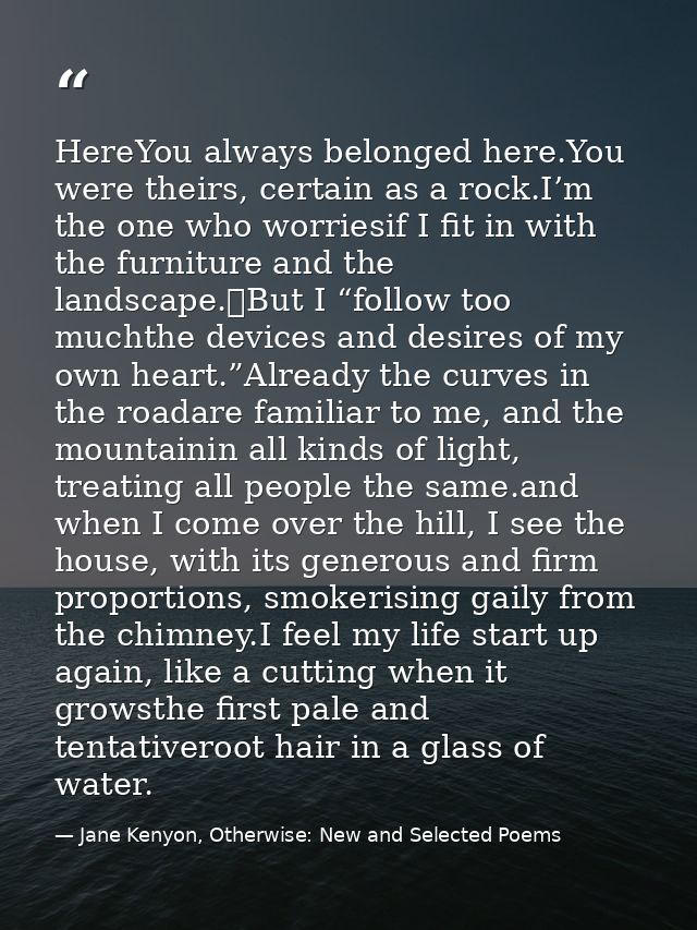 HereYou always belonged here.You were theirs, certain as a rock.I’m the one who worriesif I fit in with the furniture an — Jane Kenyon, Otherwise: New and Selected Poems