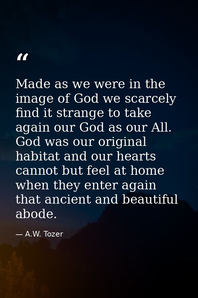 Made as we were in the image of God we scarcely find it strange to take again our God as our All. God was our original h — A.W. Tozer