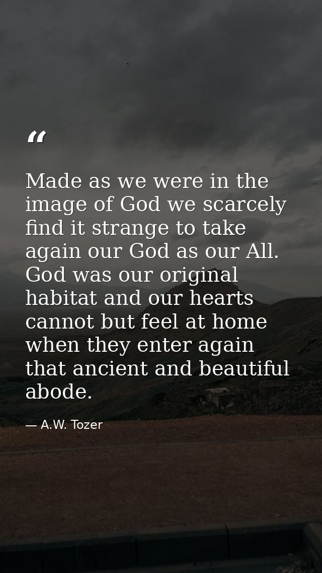 Made as we were in the image of God we scarcely find it strange to take again our God as our All. God was our original h — A.W. Tozer