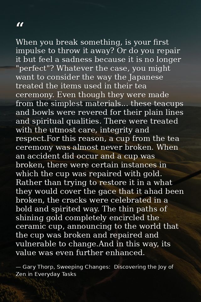 When you break something, is your first impulse to throw it away? Or do you repair it but feel a sadness because it is n — Gary Thorp, Sweeping Changes:  Discovering the Joy of Zen in Everyday Tasks