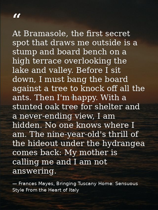 At Bramasole, the first secret spot that draws me outside is a stump and board bench on a high terrace overlooking the l — Frances Mayes, Bringing Tuscany Home: Sensuous Style From the Heart of Italy