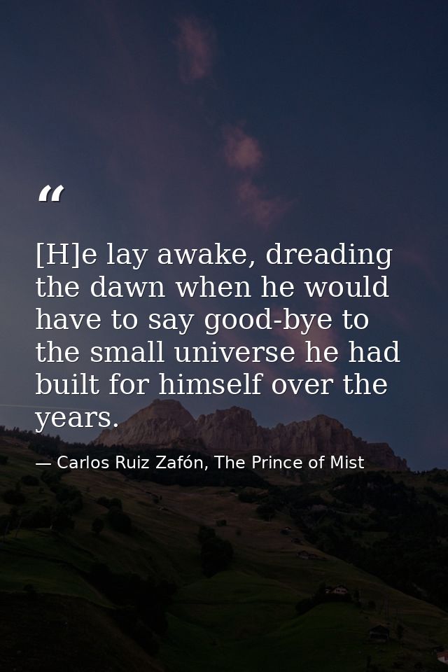 [H]e lay awake, dreading the dawn when he would have to say good-bye to the small universe he had built for himself over — Carlos Ruiz Zafón, The Prince of Mist