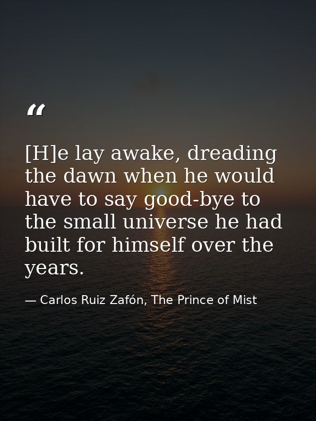 [H]e lay awake, dreading the dawn when he would have to say good-bye to the small universe he had built for himself over — Carlos Ruiz Zafón, The Prince of Mist