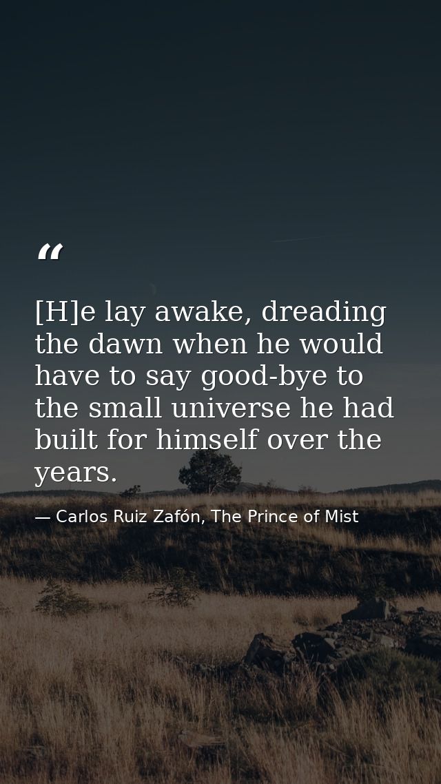 [H]e lay awake, dreading the dawn when he would have to say good-bye to the small universe he had built for himself over — Carlos Ruiz Zafón, The Prince of Mist