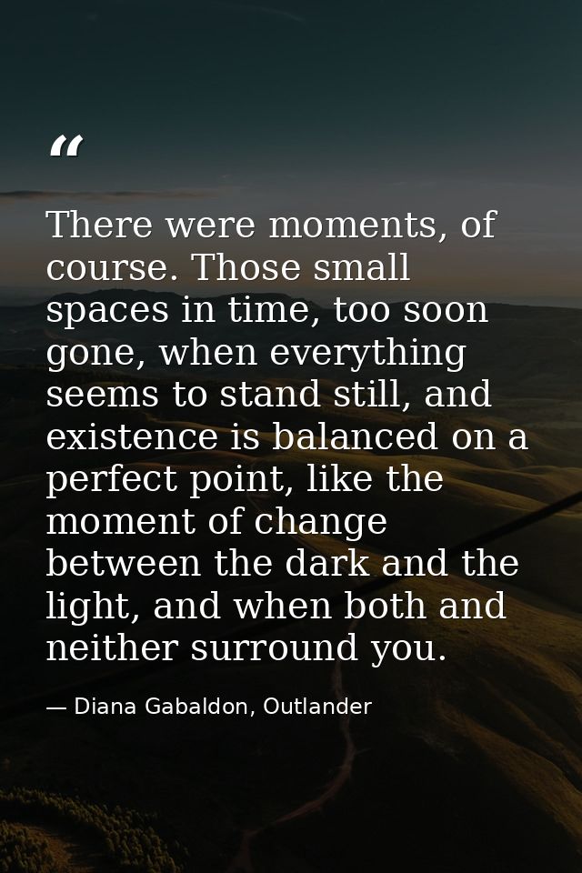 There were moments, of course. Those small spaces in time, too soon gone, when everything seems to stand still, and exis — Diana Gabaldon, Outlander