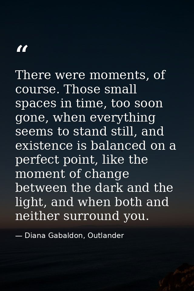 There were moments, of course. Those small spaces in time, too soon gone, when everything seems to stand still, and exis — Diana Gabaldon, Outlander
