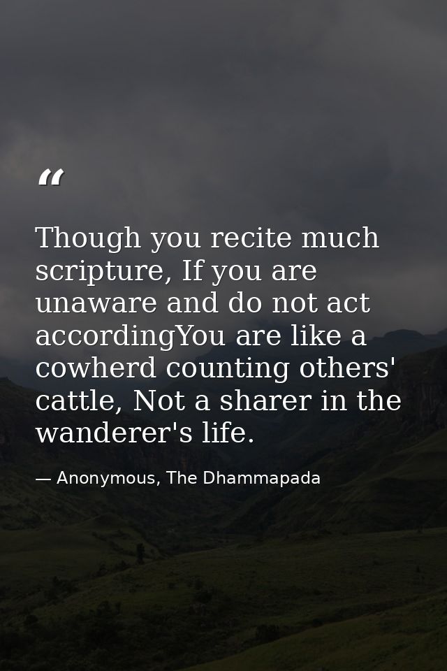 Though you recite much scripture, If you are unaware and do not act accordingYou are like a cowherd counting others' cat — Anonymous, The Dhammapada