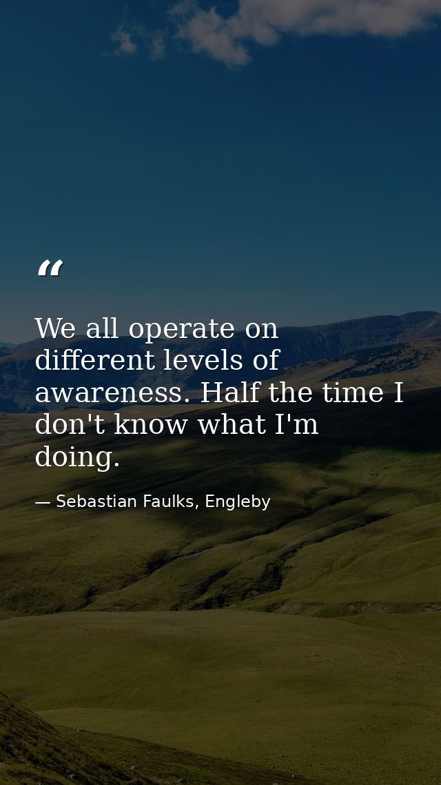 We all operate on different levels of awareness. Half the time I don't know what I'm doing. — Sebastian Faulks, Engleby