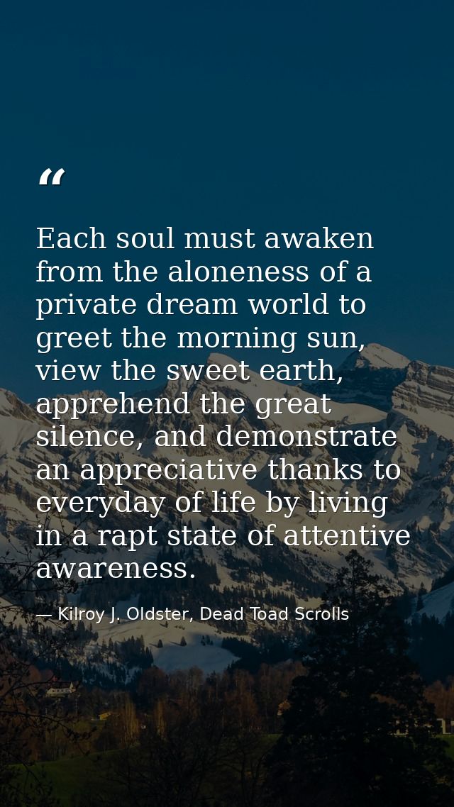 Each soul must awaken from the aloneness of a private dream world to greet the morning sun, view the sweet earth, appreh — Kilroy J. Oldster, Dead Toad Scrolls