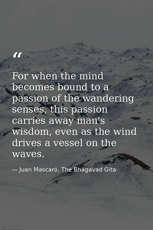 For when the mind becomes bound to a passion of the wandering senses, this passion carries away man's wisdom, even as th — Juan Mascaró, The Bhagavad Gita