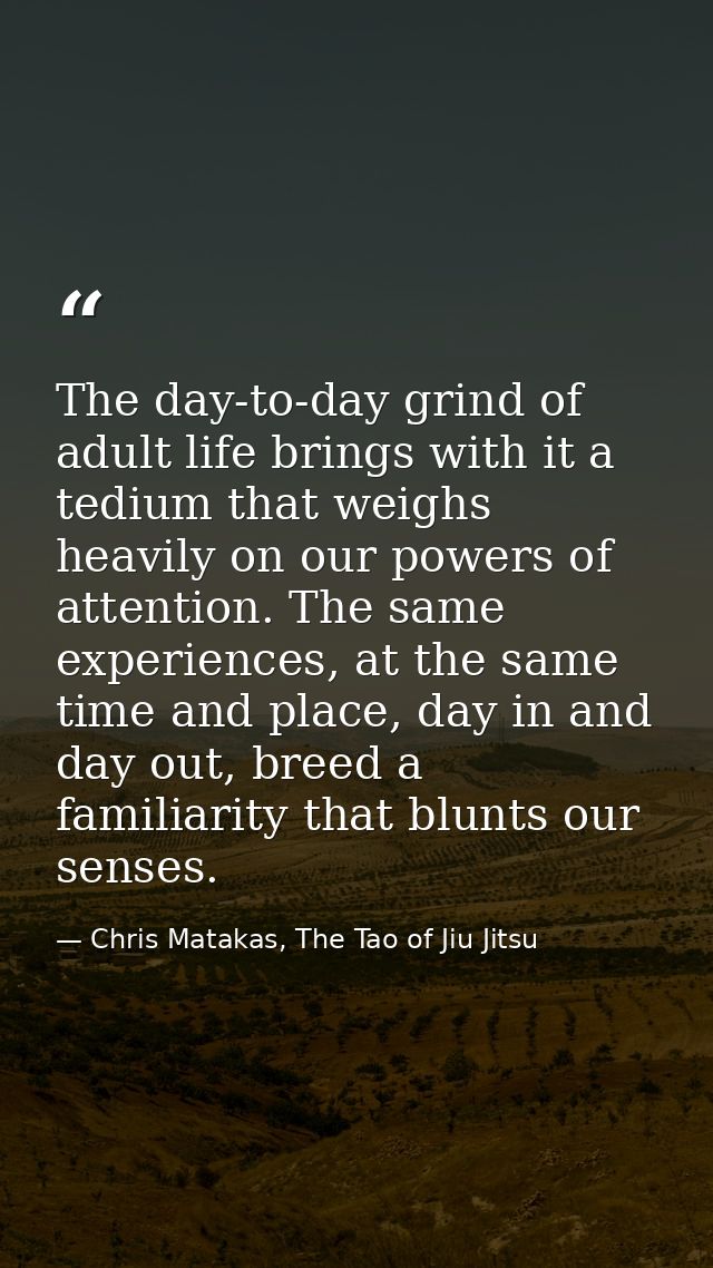 The day-to-day grind of adult life brings with it a tedium that weighs heavily on our powers of attention. The same expe — Chris Matakas, The Tao of Jiu Jitsu