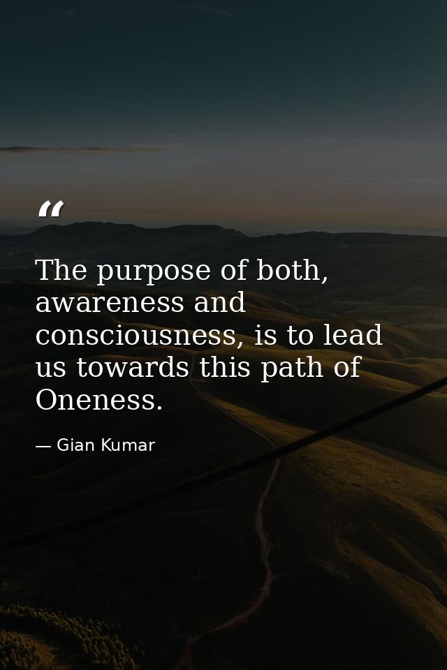 The purpose of both, awareness and consciousness, is to lead us towards this path of Oneness. — Gian Kumar