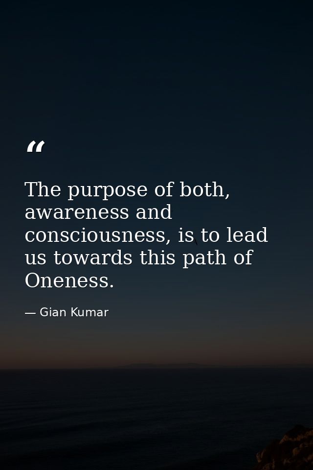The purpose of both, awareness and consciousness, is to lead us towards this path of Oneness. — Gian Kumar