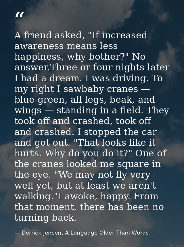 A friend asked, "If increased awareness means less happiness, why bother?" No answer.Three or four nights later I had a  — Derrick Jensen, A Language Older Than Words