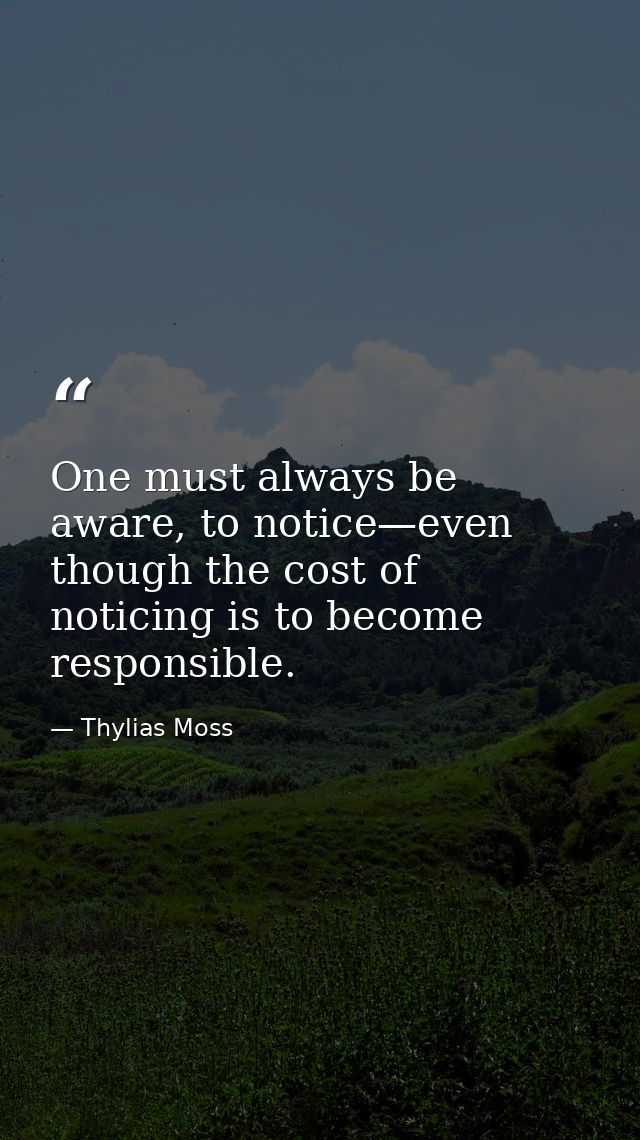 One must always be aware, to notice—even though the cost of noticing is to become responsible. — Thylias Moss