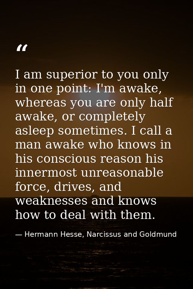 I am superior to you only in one point: I'm awake, whereas you are only half awake, or completely asleep sometimes. I ca — Hermann Hesse, Narcissus and Goldmund