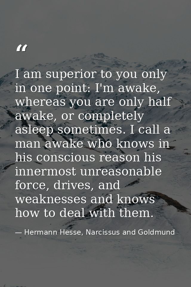 I am superior to you only in one point: I'm awake, whereas you are only half awake, or completely asleep sometimes. I ca — Hermann Hesse, Narcissus and Goldmund