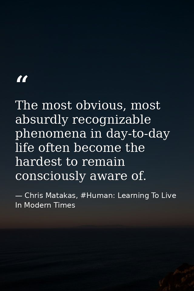 The most obvious, most absurdly recognizable phenomena in day-to-day life often become the hardest to remain consciously — Chris Matakas, #Human: Learning To Live In Modern Times