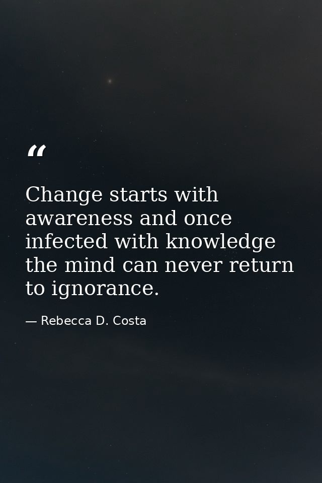 Change starts with awareness and once infected with knowledge the mind can never return to ignorance. — Rebecca D. Costa