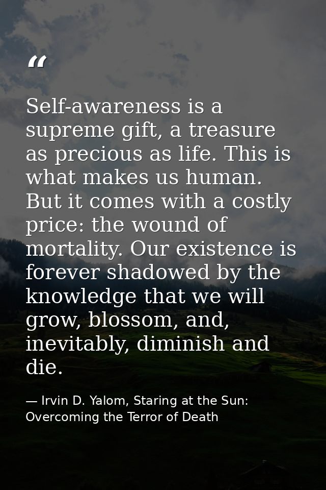 Self-awareness is a supreme gift, a treasure as precious as life. This is what makes us human. But it comes with a costl — Irvin D. Yalom, Staring at the Sun: Overcoming the Terror of Death