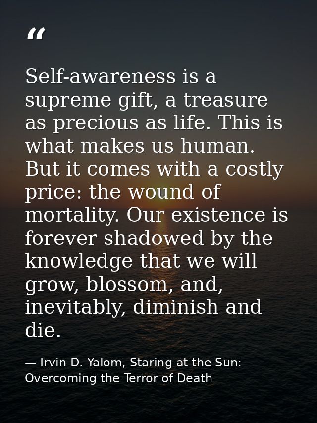 Self-awareness is a supreme gift, a treasure as precious as life. This is what makes us human. But it comes with a costl — Irvin D. Yalom, Staring at the Sun: Overcoming the Terror of Death