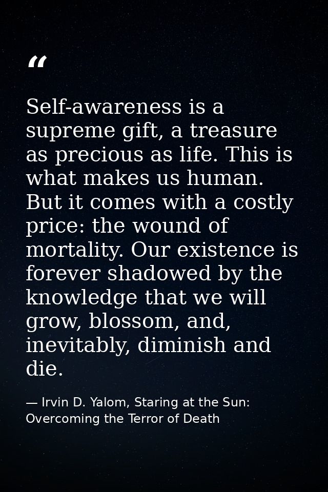 Self-awareness is a supreme gift, a treasure as precious as life. This is what makes us human. But it comes with a costl — Irvin D. Yalom, Staring at the Sun: Overcoming the Terror of Death