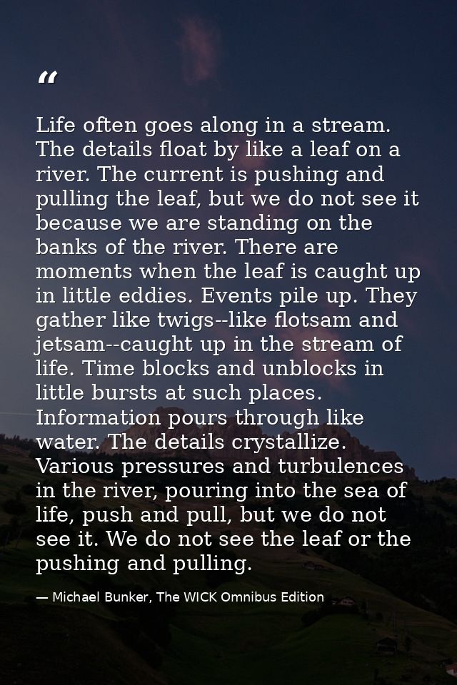 Life often goes along in a stream. The details float by like a leaf on a river. The current is pushing and pulling the l — Michael Bunker, The WICK Omnibus Edition