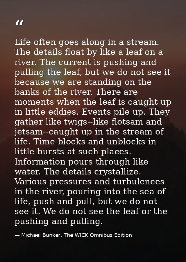 Life often goes along in a stream. The details float by like a leaf on a river. The current is pushing and pulling the l — Michael Bunker, The WICK Omnibus Edition