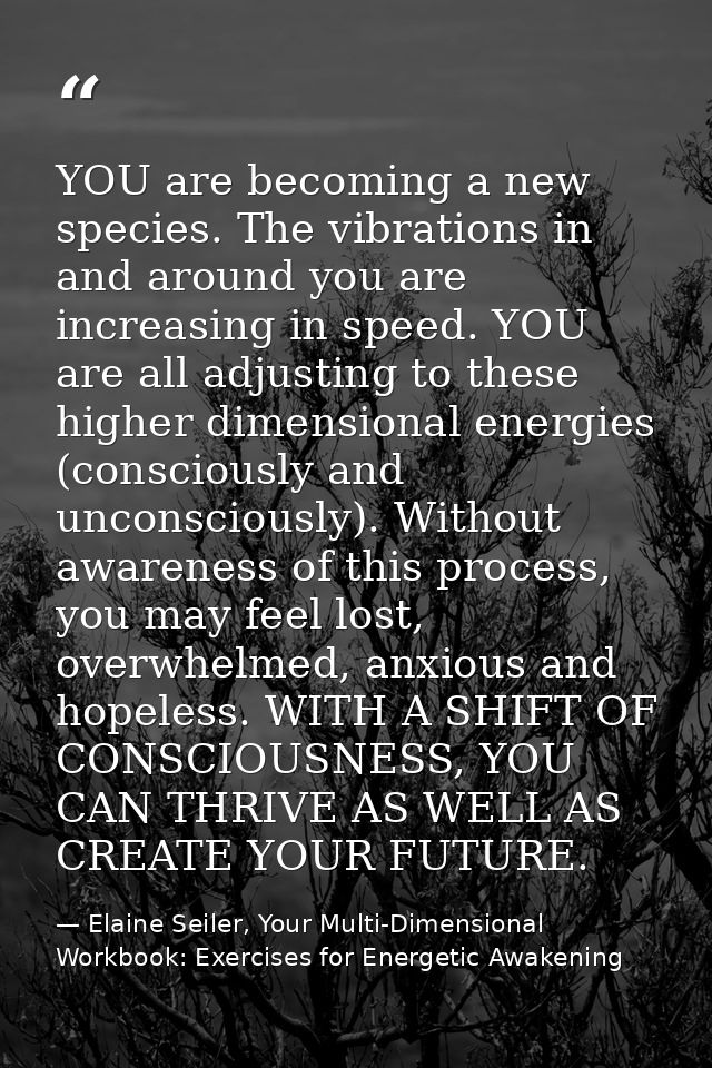 YOU are becoming a new species. The vibrations in and around you are increasing in speed. YOU are all adjusting to these — Elaine Seiler, Your Multi-Dimensional Workbook: Exercises for Energetic Awakening