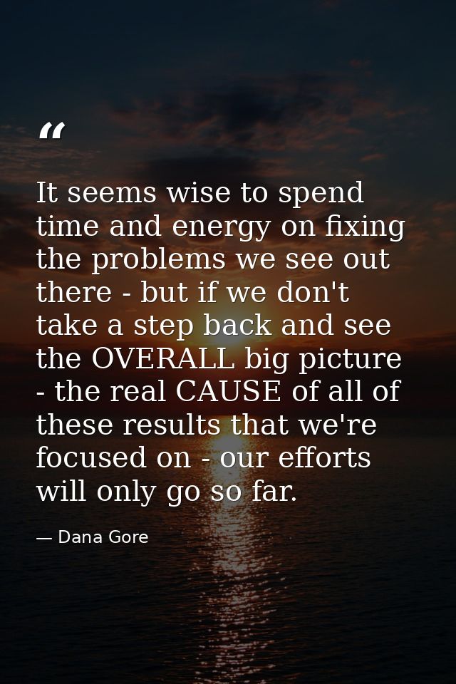 It seems wise to spend time and energy on fixing the problems we see out there - but if we don't take a step back and se — Dana Gore