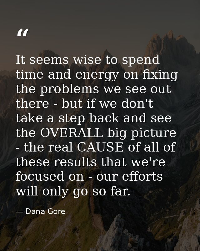 It seems wise to spend time and energy on fixing the problems we see out there - but if we don't take a step back and se — Dana Gore