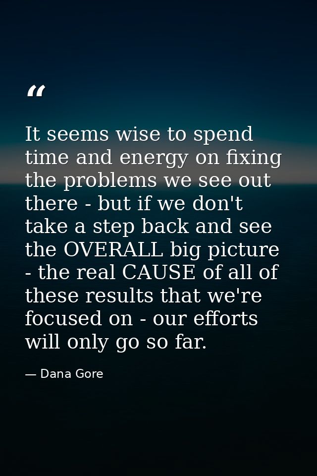 It seems wise to spend time and energy on fixing the problems we see out there - but if we don't take a step back and se — Dana Gore