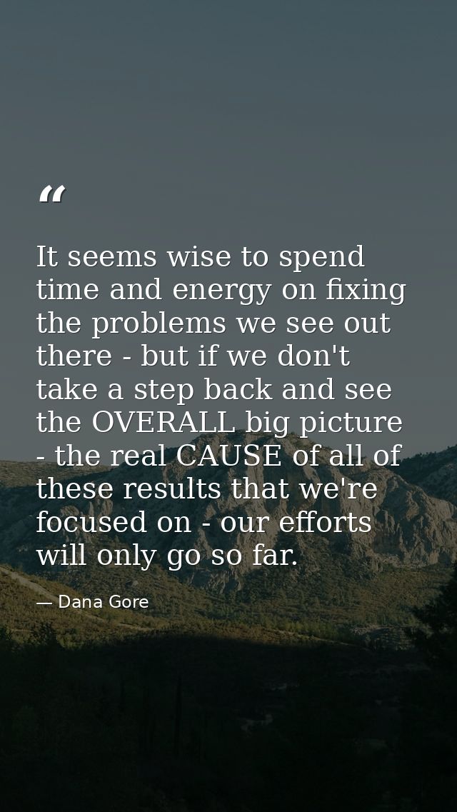It seems wise to spend time and energy on fixing the problems we see out there - but if we don't take a step back and se — Dana Gore