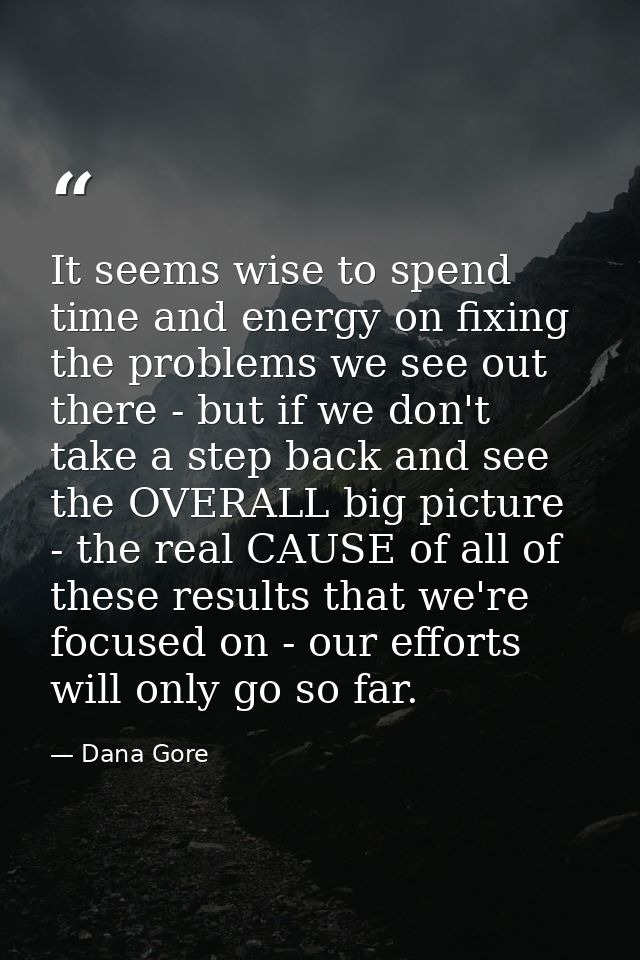 It seems wise to spend time and energy on fixing the problems we see out there - but if we don't take a step back and se — Dana Gore