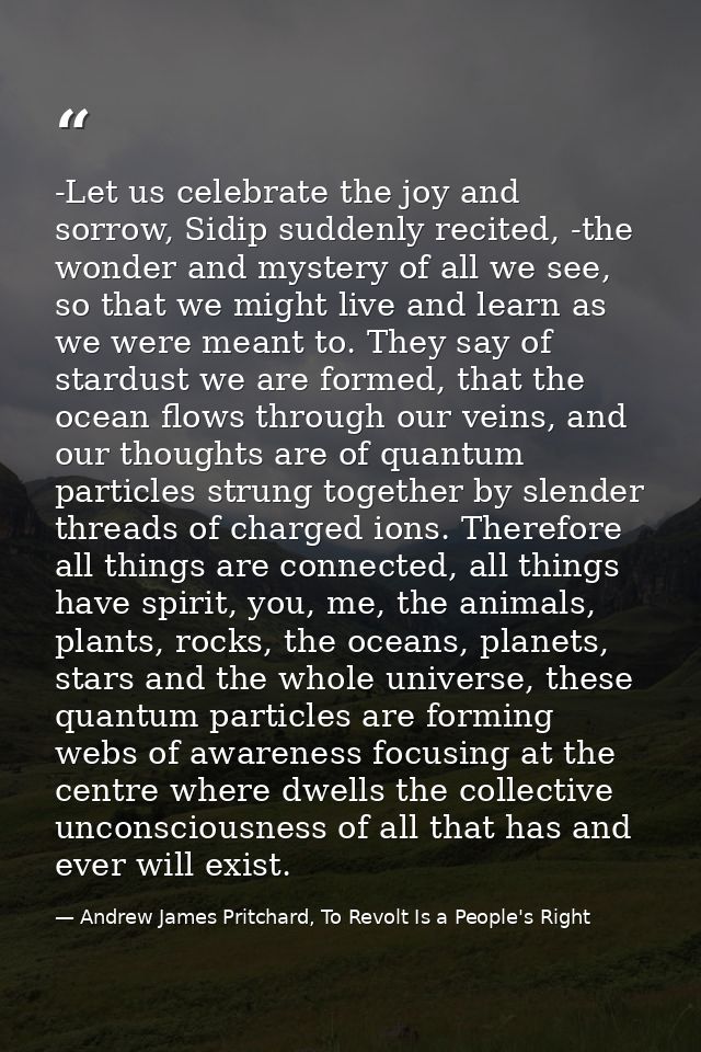 -Let us celebrate the joy and sorrow, Sidip suddenly recited, -the wonder and mystery of all we see, so that we might li — Andrew James Pritchard, To Revolt Is a People's Right