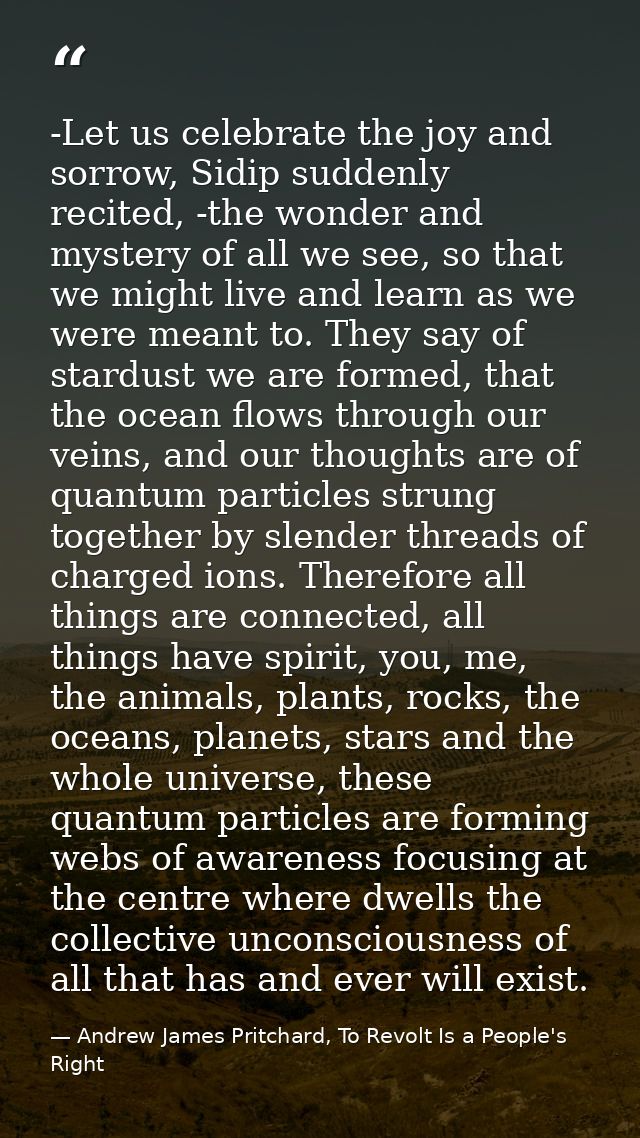 -Let us celebrate the joy and sorrow, Sidip suddenly recited, -the wonder and mystery of all we see, so that we might li — Andrew James Pritchard, To Revolt Is a People's Right