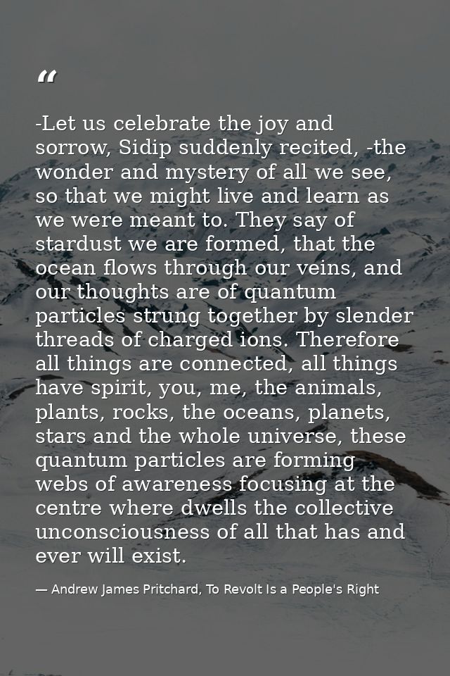 -Let us celebrate the joy and sorrow, Sidip suddenly recited, -the wonder and mystery of all we see, so that we might li — Andrew James Pritchard, To Revolt Is a People's Right