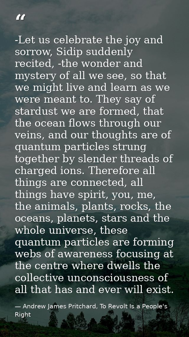 -Let us celebrate the joy and sorrow, Sidip suddenly recited, -the wonder and mystery of all we see, so that we might li — Andrew James Pritchard, To Revolt Is a People's Right