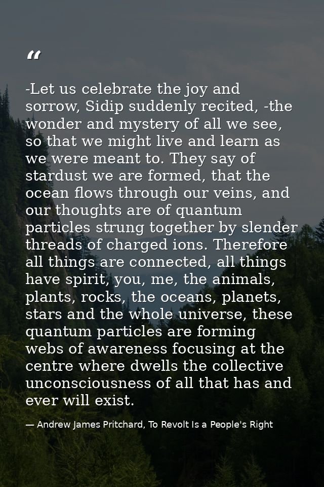 -Let us celebrate the joy and sorrow, Sidip suddenly recited, -the wonder and mystery of all we see, so that we might li — Andrew James Pritchard, To Revolt Is a People's Right