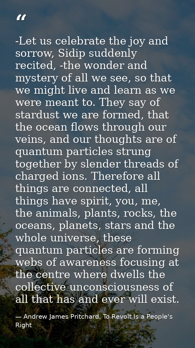 -Let us celebrate the joy and sorrow, Sidip suddenly recited, -the wonder and mystery of all we see, so that we might li — Andrew James Pritchard, To Revolt Is a People's Right