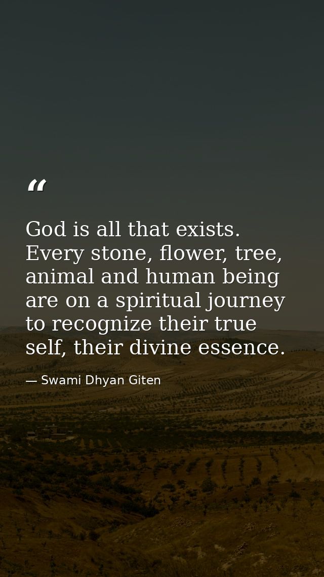 God is all that exists. Every stone, flower, tree, animal and human being are on a spiritual journey to recognize their  — Swami Dhyan Giten