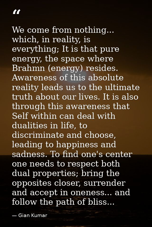 We come from nothing... which, in reality, is everything; It is that pure energy, the space where Brahmn (energy) reside — Gian Kumar