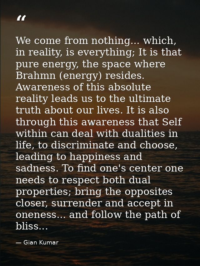 We come from nothing... which, in reality, is everything; It is that pure energy, the space where Brahmn (energy) reside — Gian Kumar